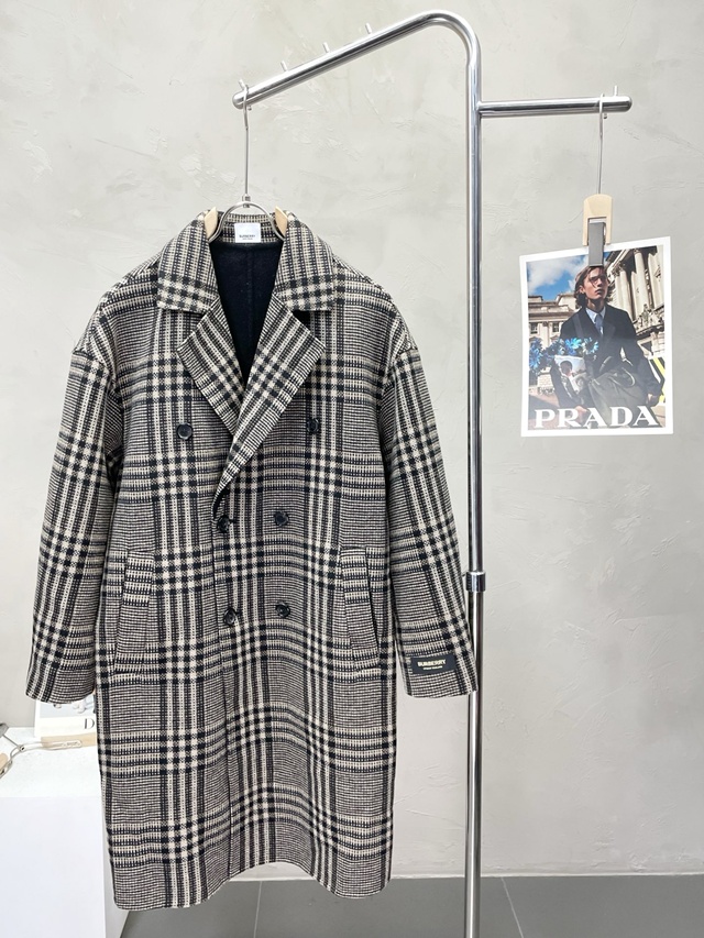 버버리 체크 모직 더블 롱 코트