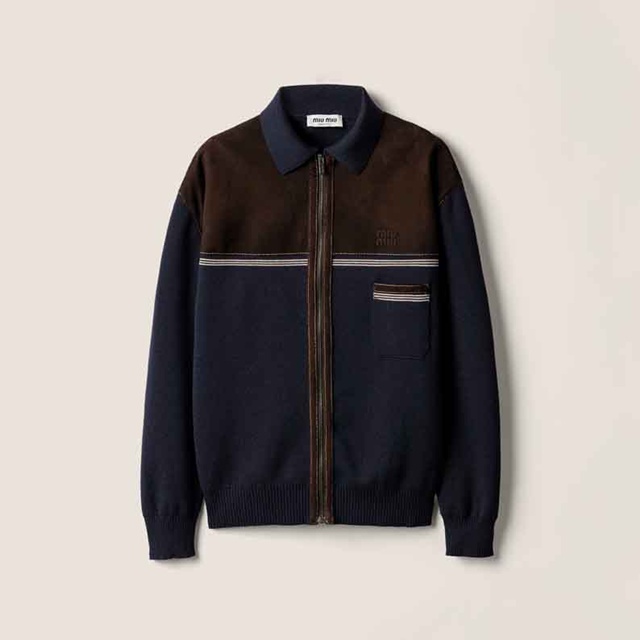 미우미우 울 및 가죽 지퍼 가디건 니트 집업 MMJ149