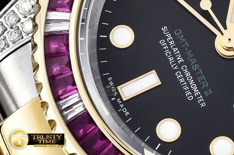 롤렉스 GMT II Red/Blue Rubies YG/SS Blk BP A3186 Mod -ROLGMT121A