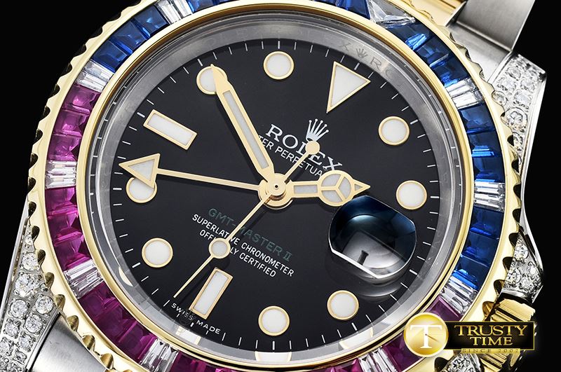 롤렉스 GMT II Red/Blue Rubies YG/SS Blk BP A3186 Mod -ROLGMT121A
