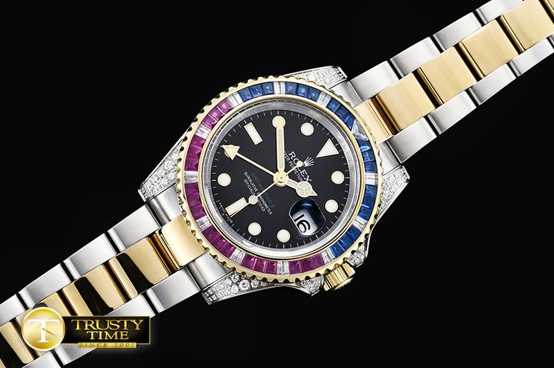 롤렉스 GMT II Red/Blue Rubies YG/SS Blk BP A3186 Mod -ROLGMT121A