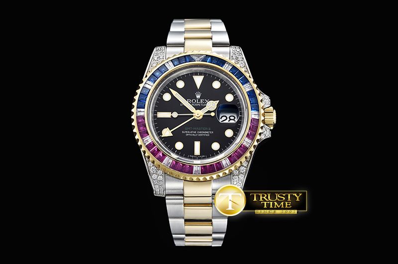 롤렉스 GMT II Red/Blue Rubies YG/SS Blk BP A3186 Mod -ROLGMT121A