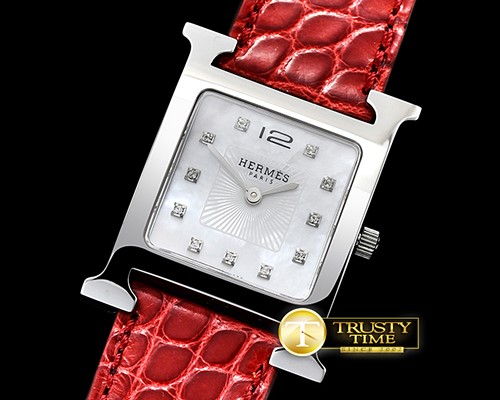 에르메스 Hermes HOUR Ladies SS/LE Red White MOP MKF Swiss Qtz -H021A